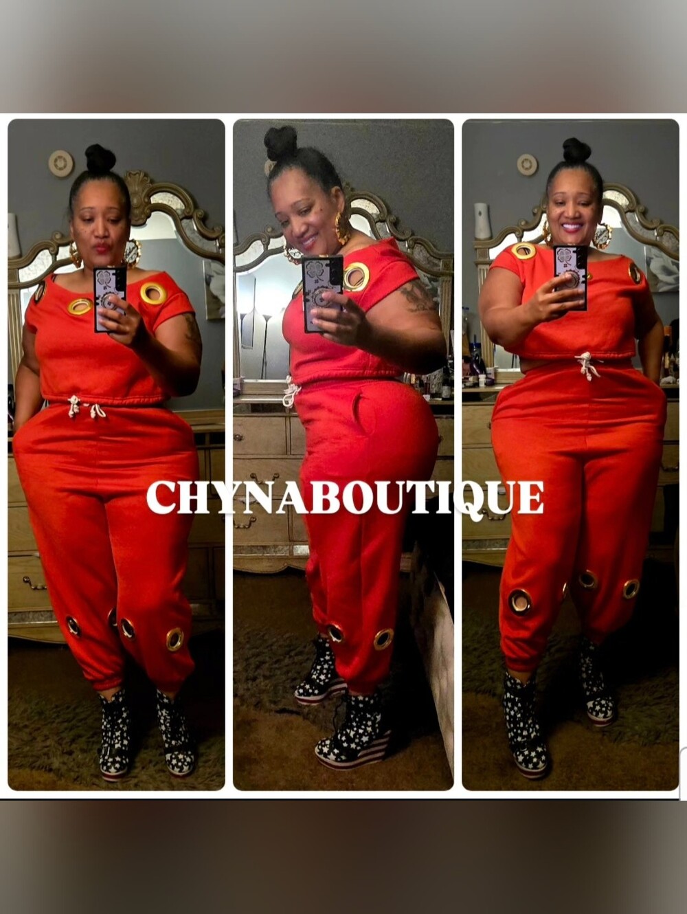Red Women's Jumpsuit with Grommet Detail